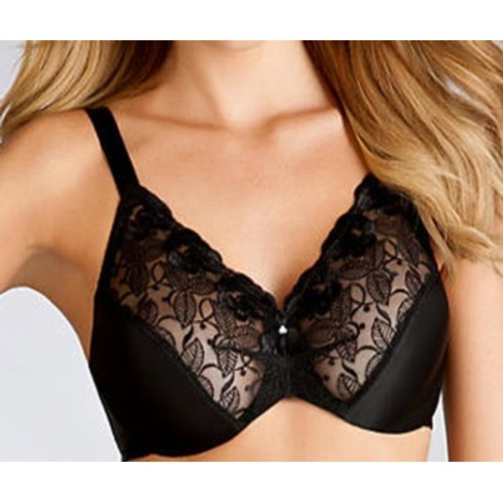 Wacoal Bra 36D Slimline Minimizer Floral Black Lace Trim Floral Underwire 85151